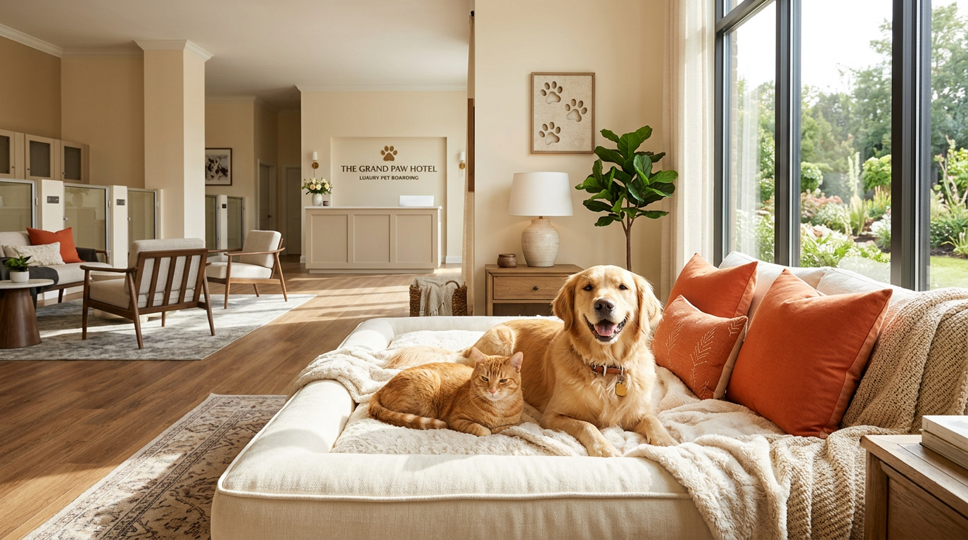 Happy dog and cat relaxing at a cozy pet hotel